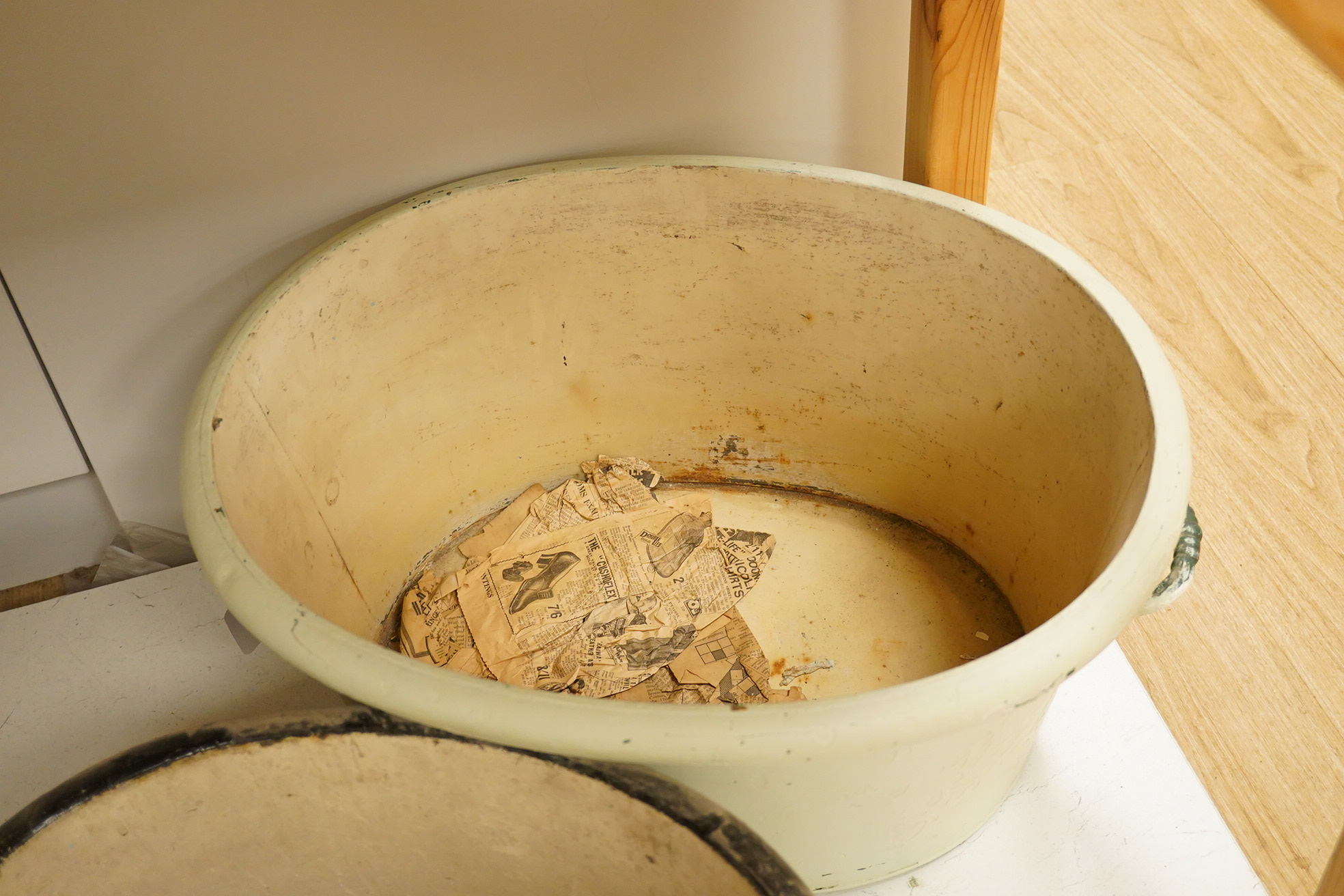 Two oval toleware two handled foot baths, largest 54.5cm wide. Condition - poor to fair